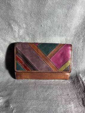 Fossil Vintage Patchwork Multi-Color Leather and Suede Tri-Fold Wallet